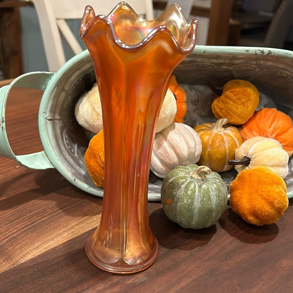 Flower Vase Carnival Glass Fenton, Iridescent Marigold